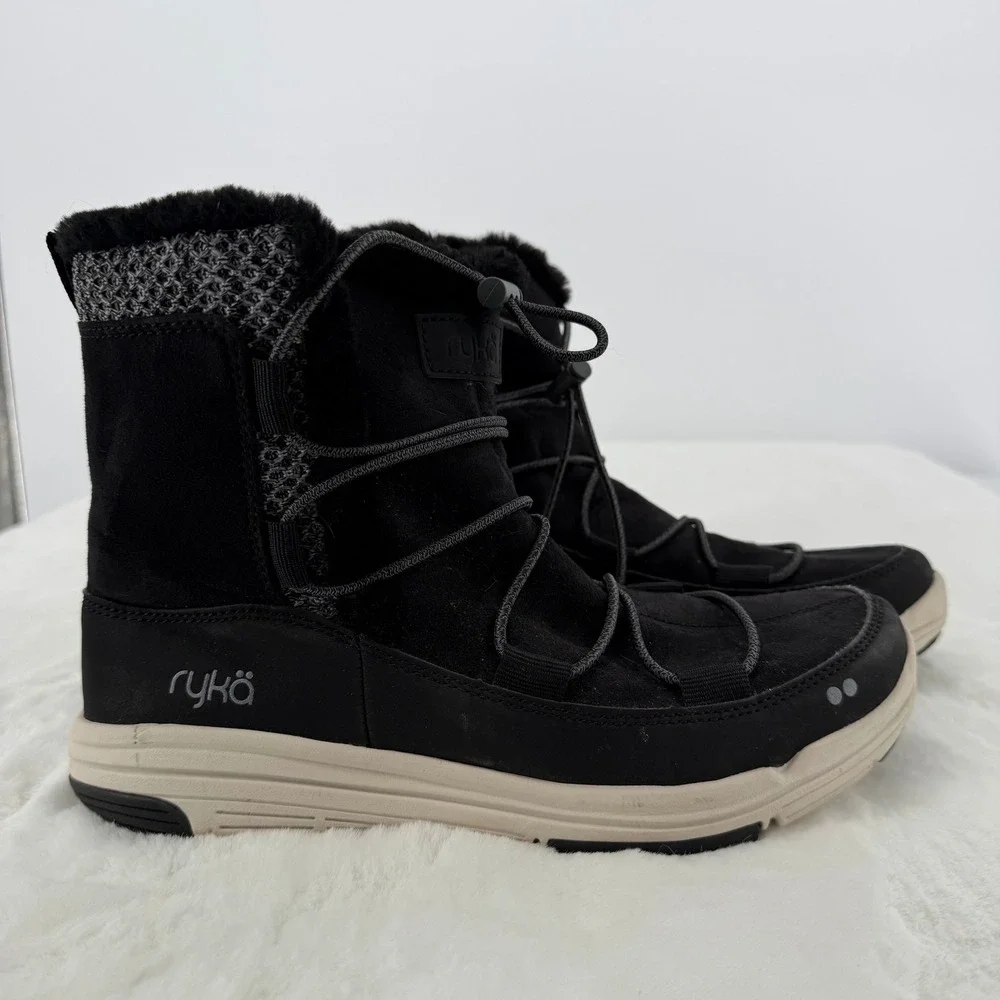 Ryka Aubonne Faux Shearling Bungee‎ Lace Boots Black Women's Size 8